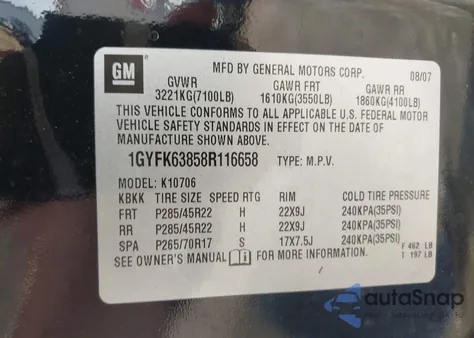 2008 Cadillac Escalade Standard z USA, uszkodzony, nr VIN 1GYFK63858R116658